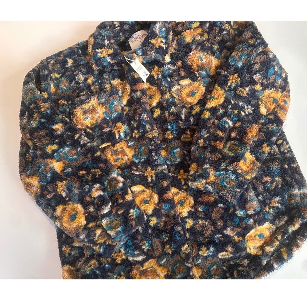 Natural Reflections Womens Floral Sherpa Fleece Jacket Shacket Navy Yellow L NWT